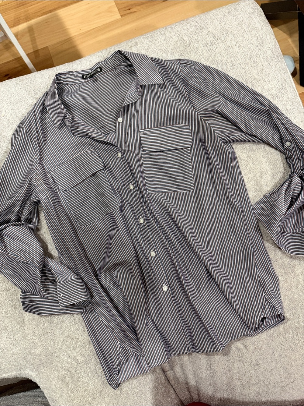 Express Women’s Striped Button-Up Shirt — Brown/Navy/White